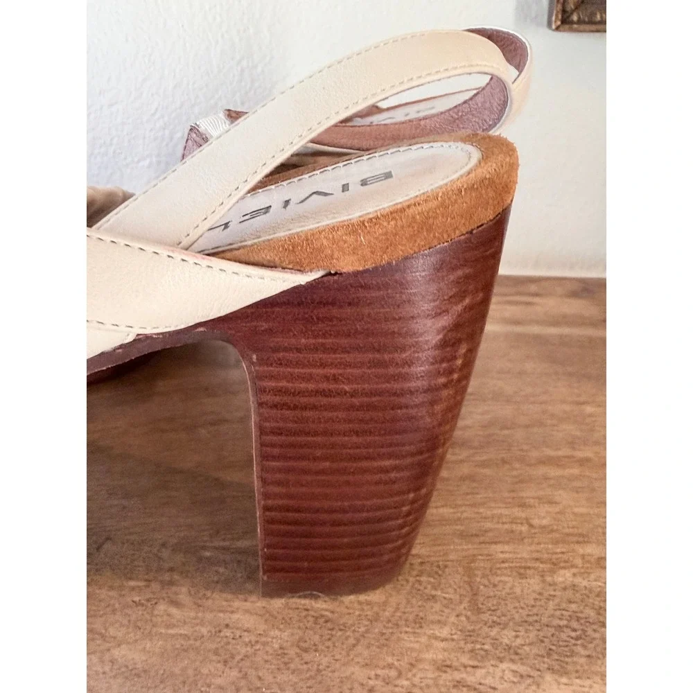 Biviel Italian‎ Cream Leather Pleated Platform Block Heel Slingback Sandals 39